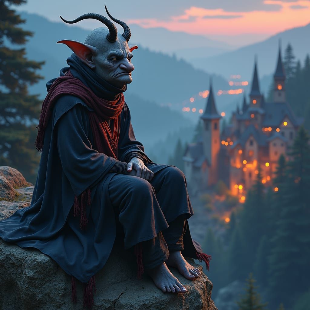 Goblin Magician on Rocky Outcrop at Dusk