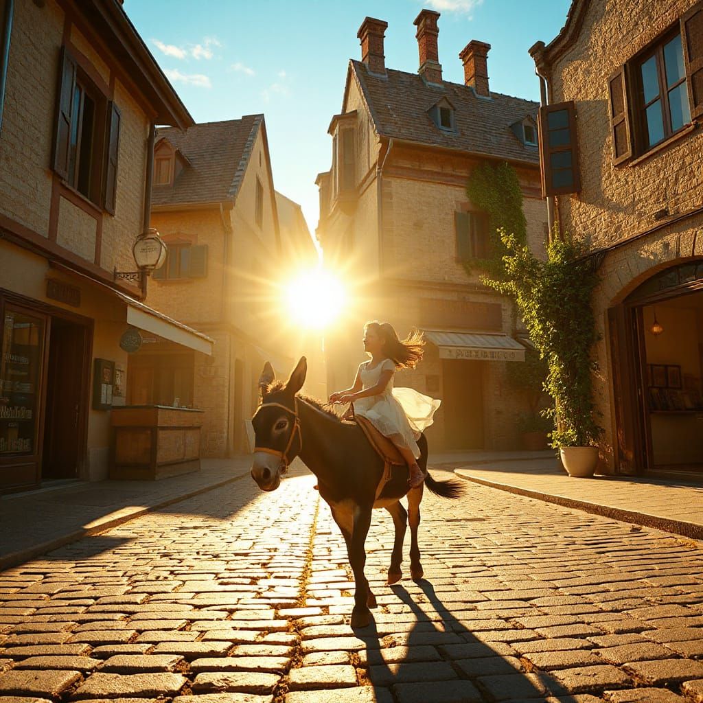 Ethereal Laughter Rides Donkey Through Hyperrealistic Town
