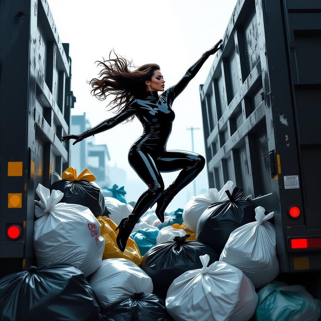 Woman Leaping into Garbage Truck in High-Contrast Style