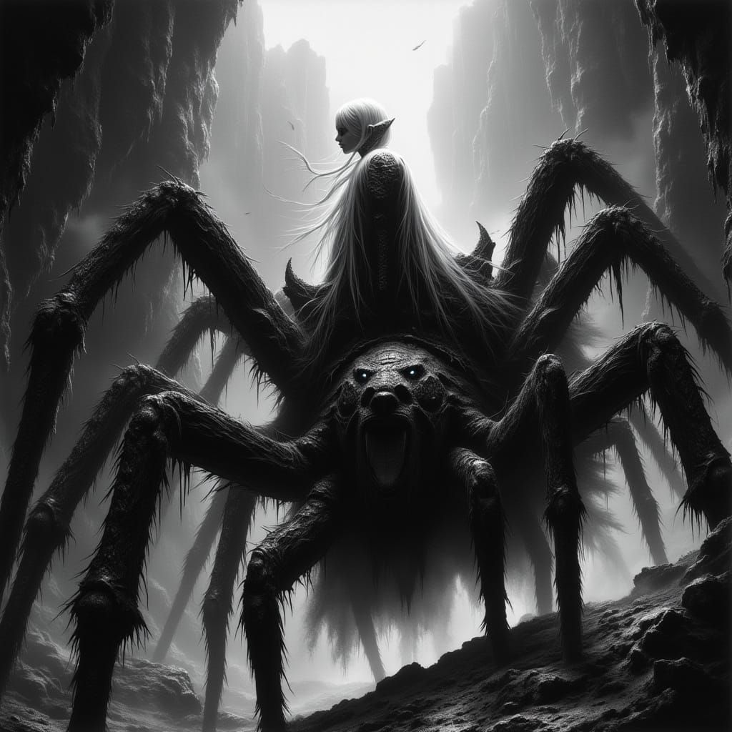 Dark Elf Rides Giant Spider Through Underdark