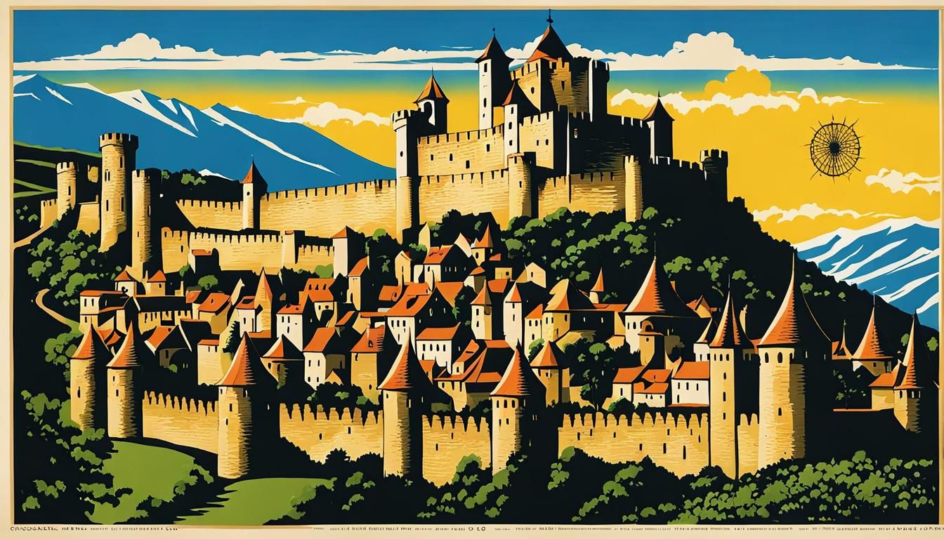 Whimsical Carcassonne Travel Poster in Colored Ink