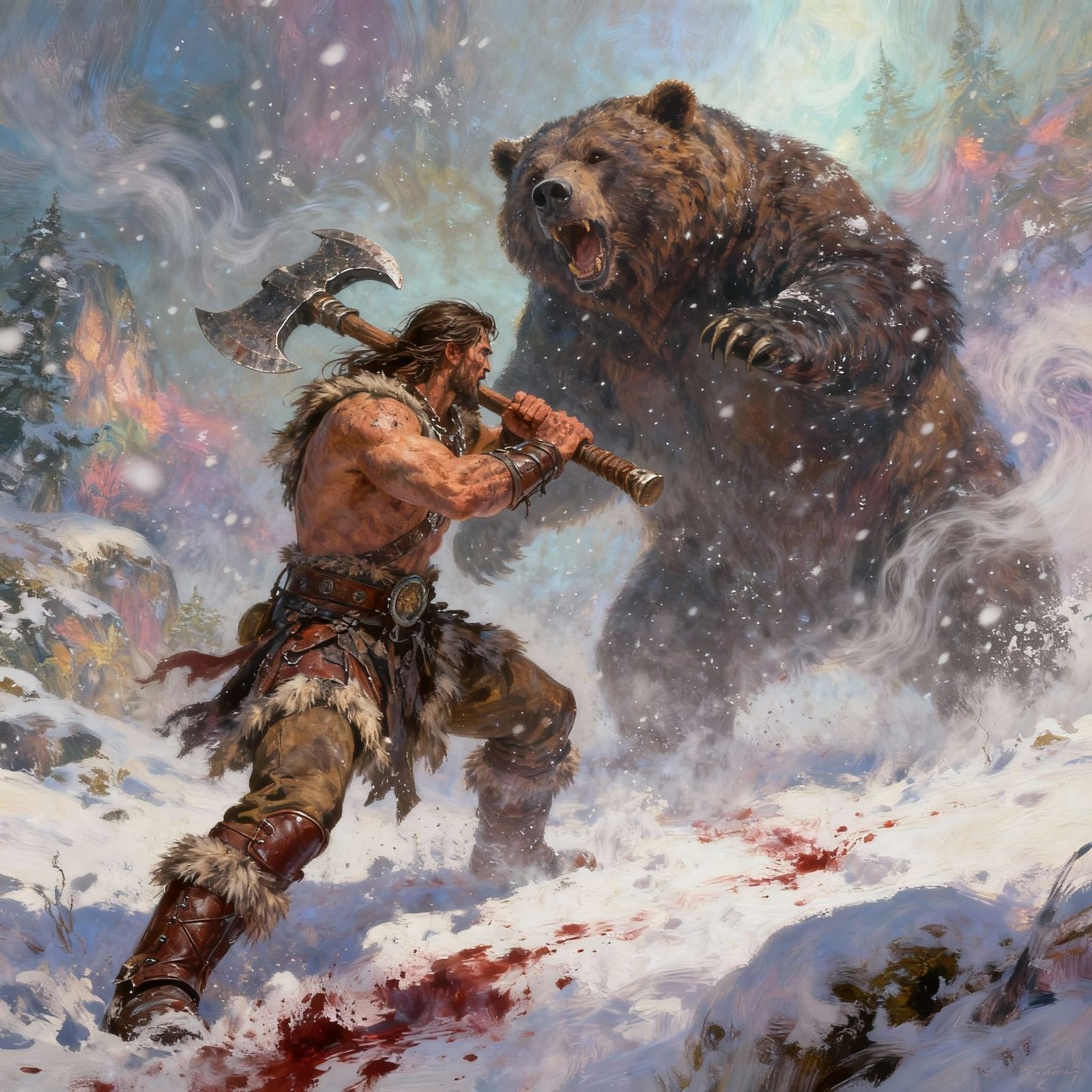 Barbarian Warrior Fights Giant Bear in Snowstorm