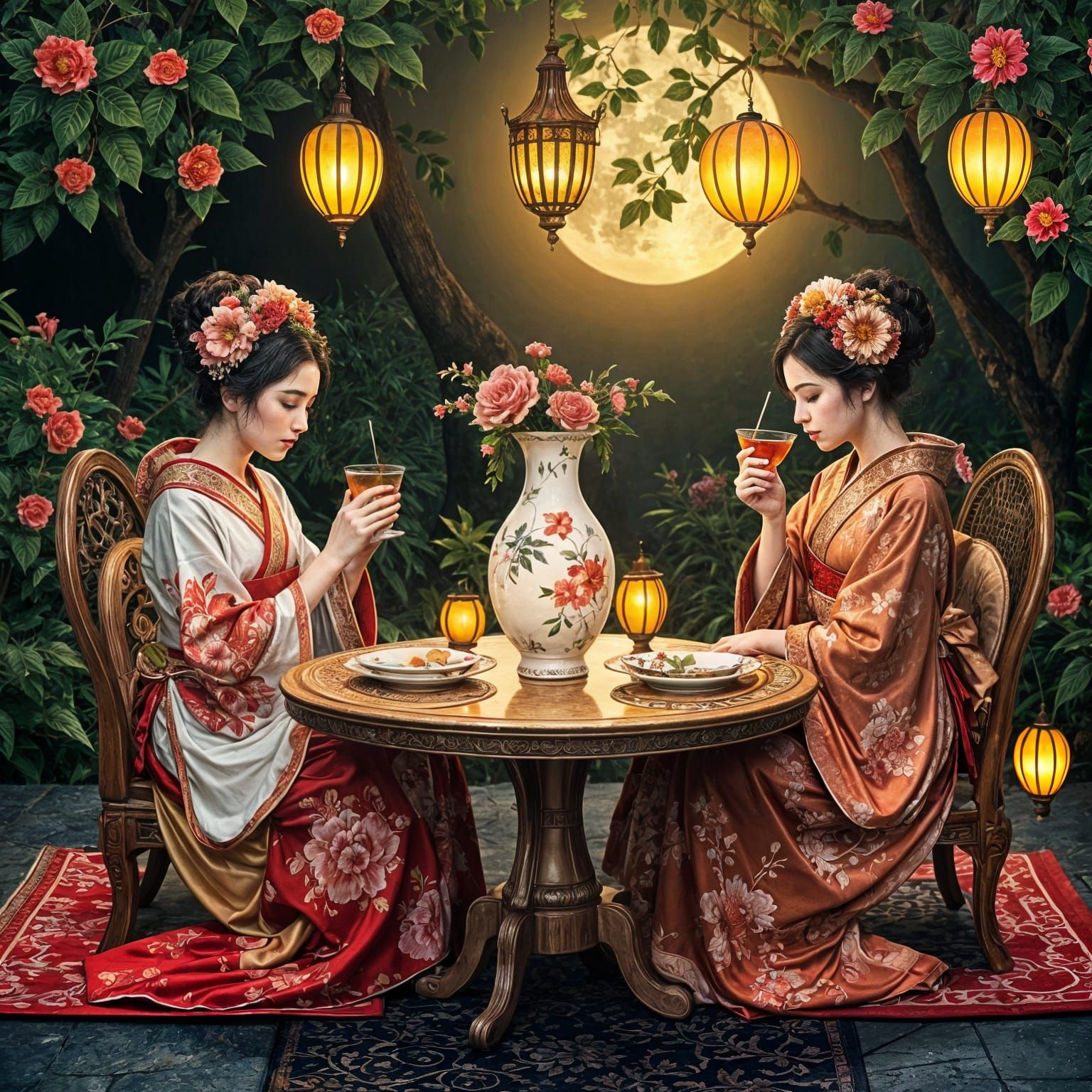 Surreal Garden Scene with Geishas in Art Nouveau Style