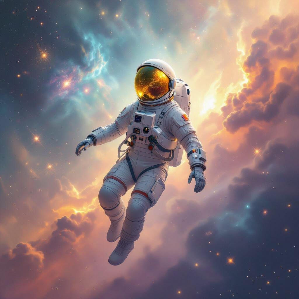 Astronaut Floating Through Nebula in Surrealist Space Art