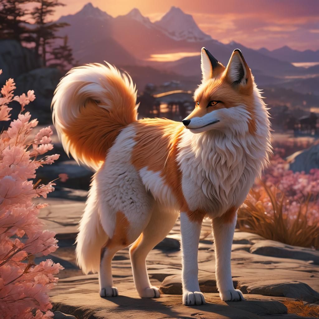 Handsome Kitsune with Vibrant Fur Under Sunset