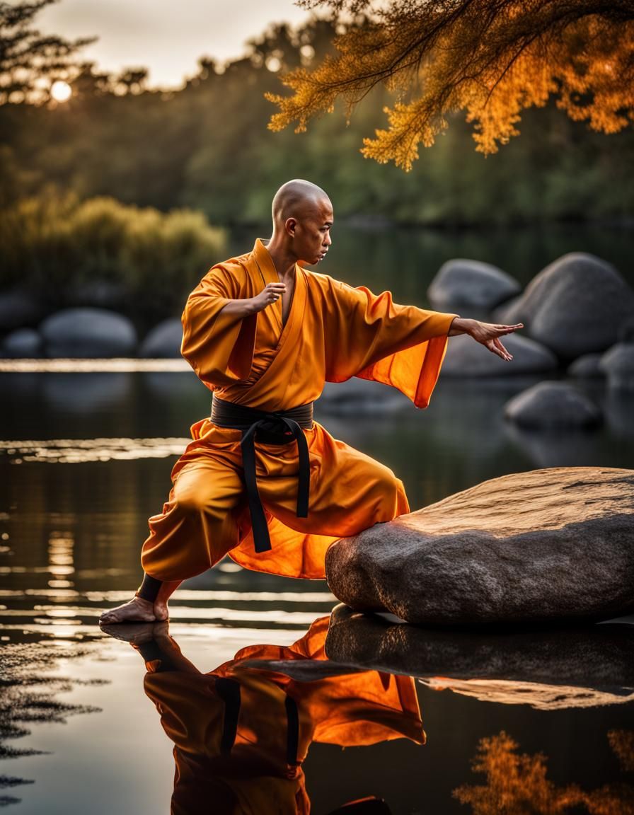 Shaolin Monk's Kung Fu Stance at Sunrise