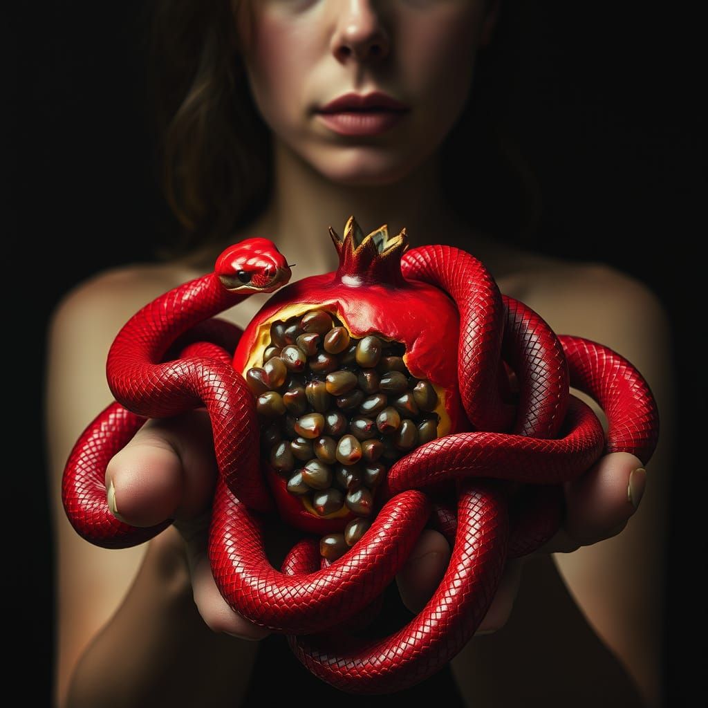 Woman With Red Snakes and Pomegranate in Surrealist Style