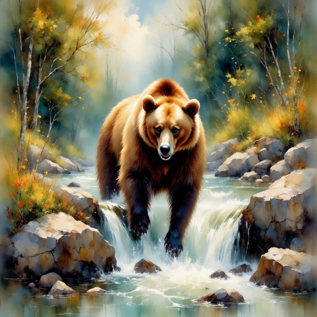 Bear Catching Fish in River as Impressionist Painting