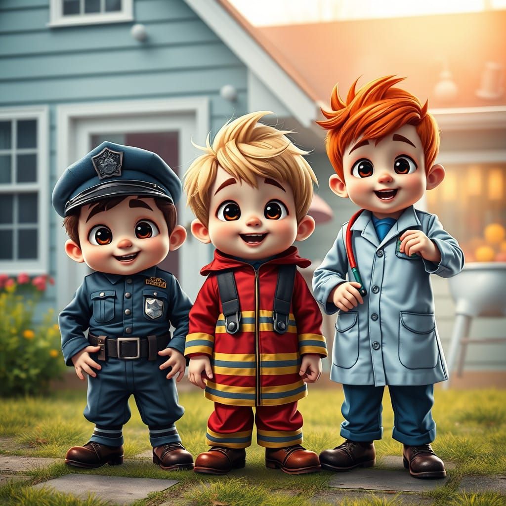Three Little Boys in Uniforms as Hyperrealistic Splash Art
