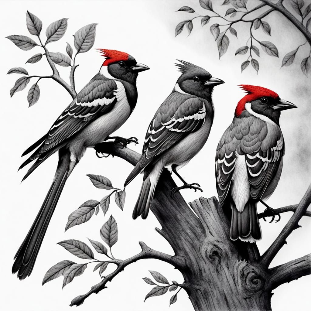 Charcoal Drawing of Three Birds on a Tree Limb