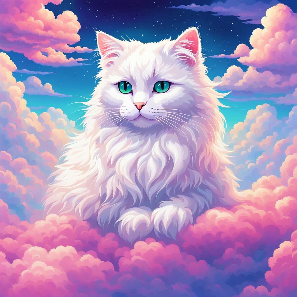 Ethereal White Cat in Heaven, Pixel Art