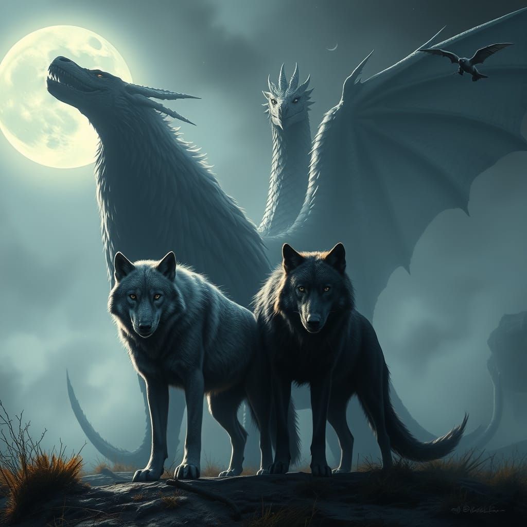 Majestic Direwolves and Dragons Unite in Moonlit Fantasy