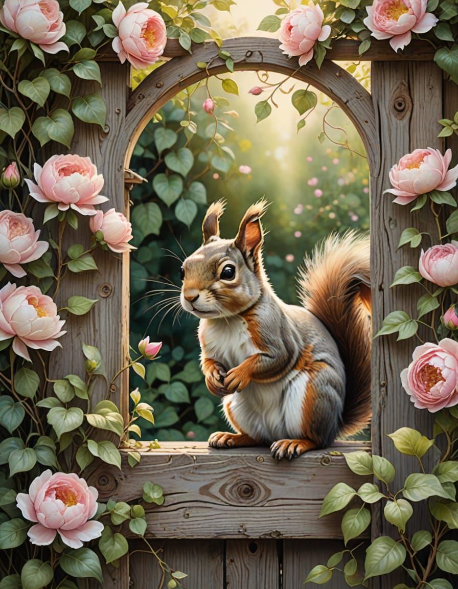 Squirrel in Enchanted Garden: Watercolor and Oil Painting