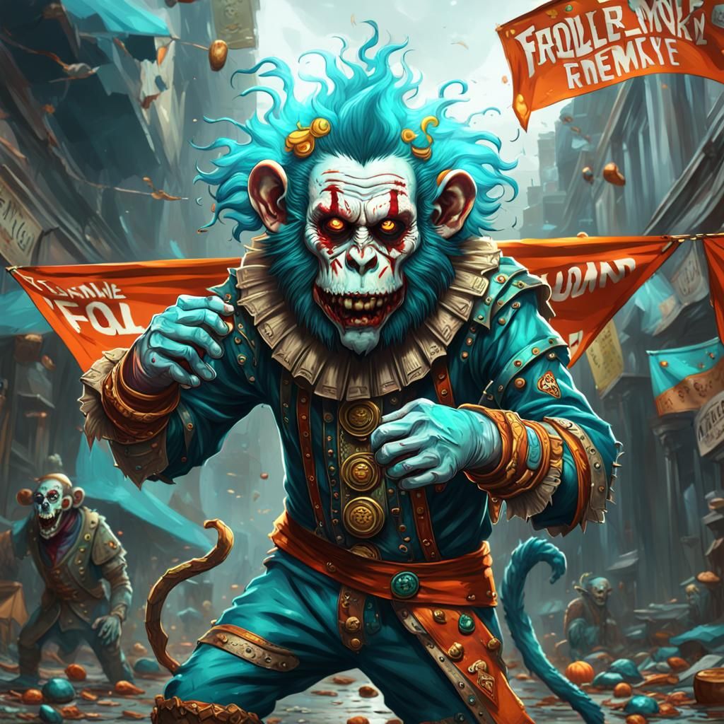 Zombie Monkey Clown with Banner, Hyperdetailed Concept Art