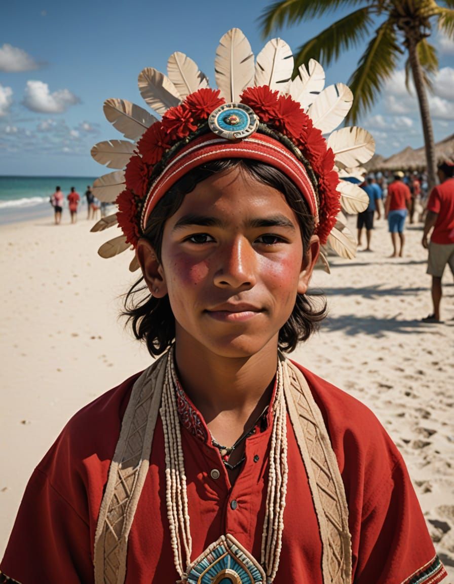 Hispanic Boy in Red Garments on Sandy Beach