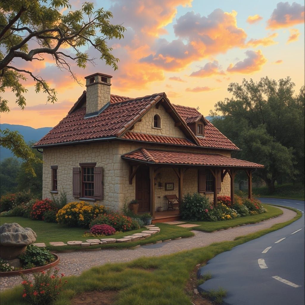 Rural Stone Cottage at Sunset