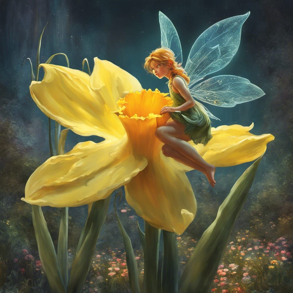 Thumbelina Fairy on Daffodil, Detailed Fractal Art