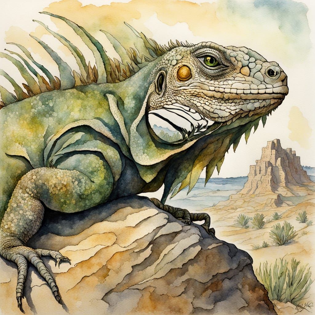 Iguana on Desert Stone in Watercolour Style