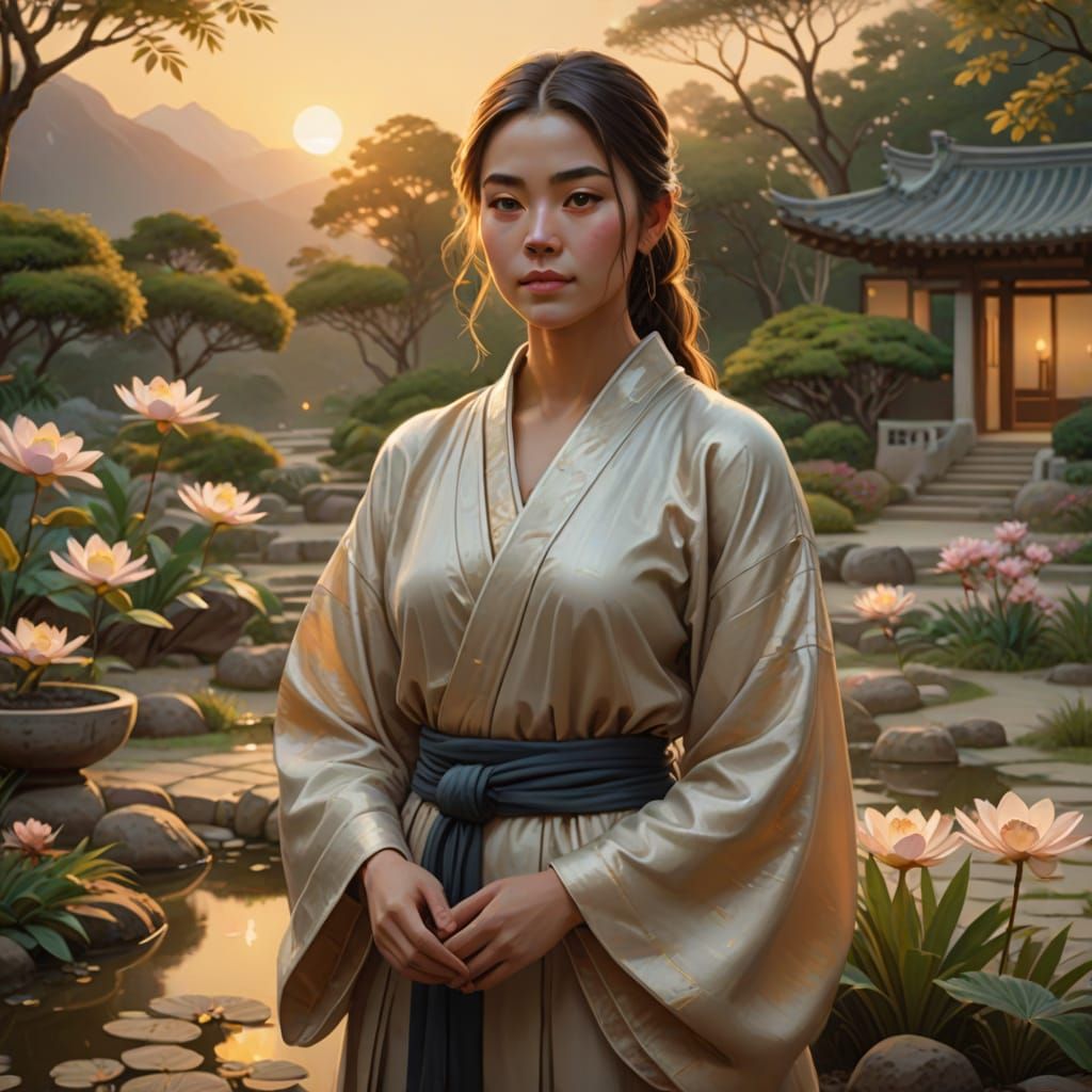 Young Woman in Zen Garden Digital Painting