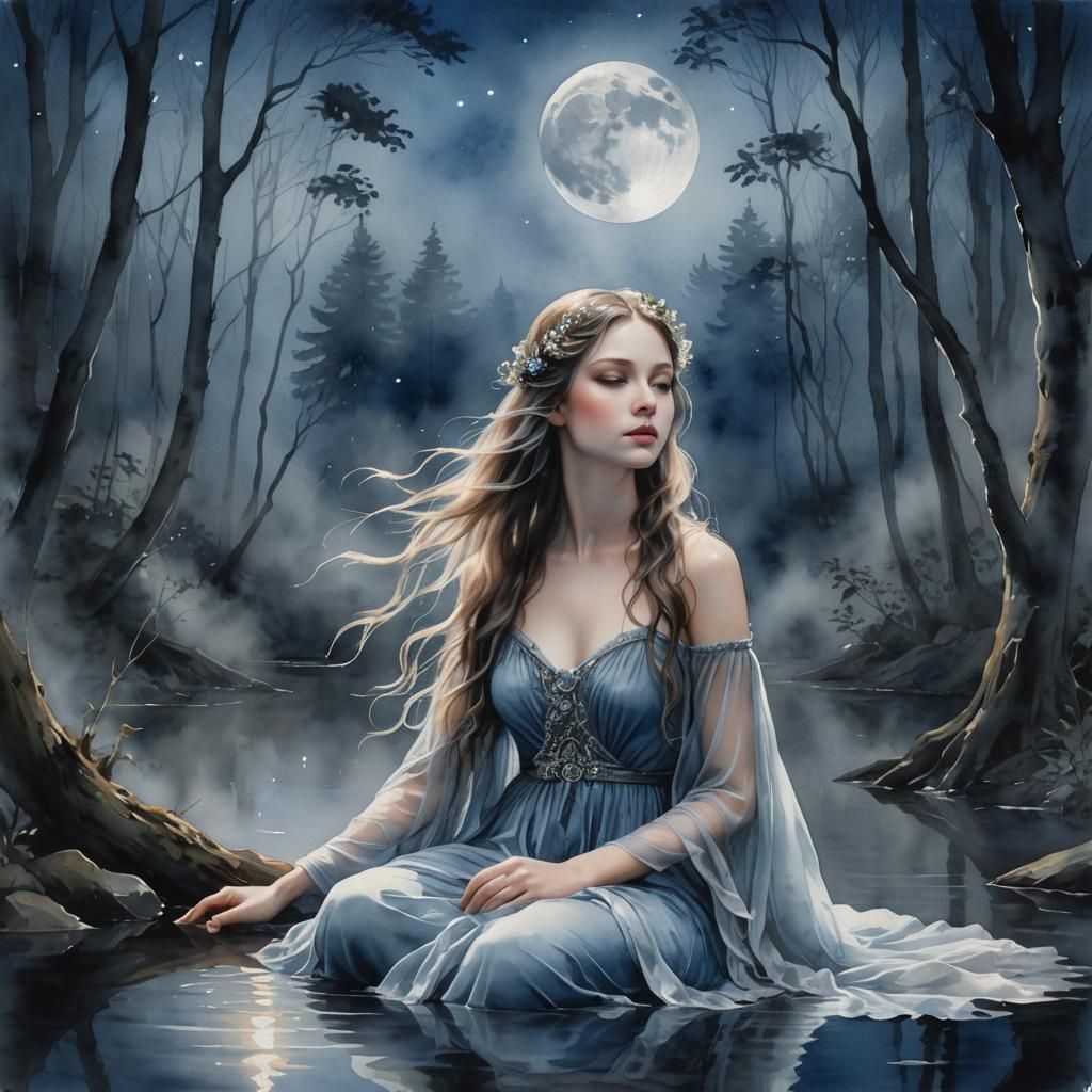Mystical Nymph in Moonlit Watercolor Portrait