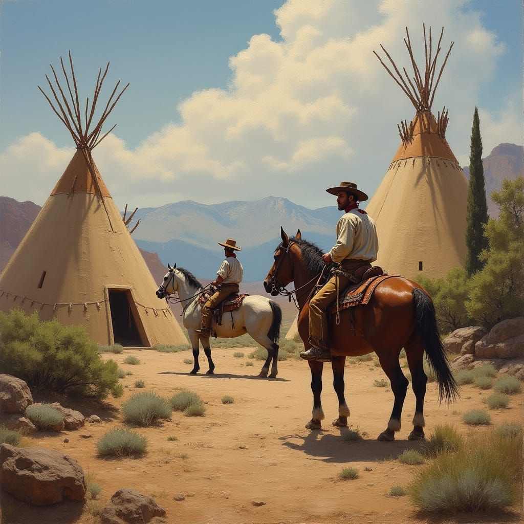 Mescalero Apaches in a New Mexico Landscape, in a Detailed M...