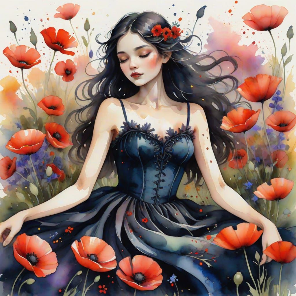 Whimsical Fairy in a Field of Red Poppies