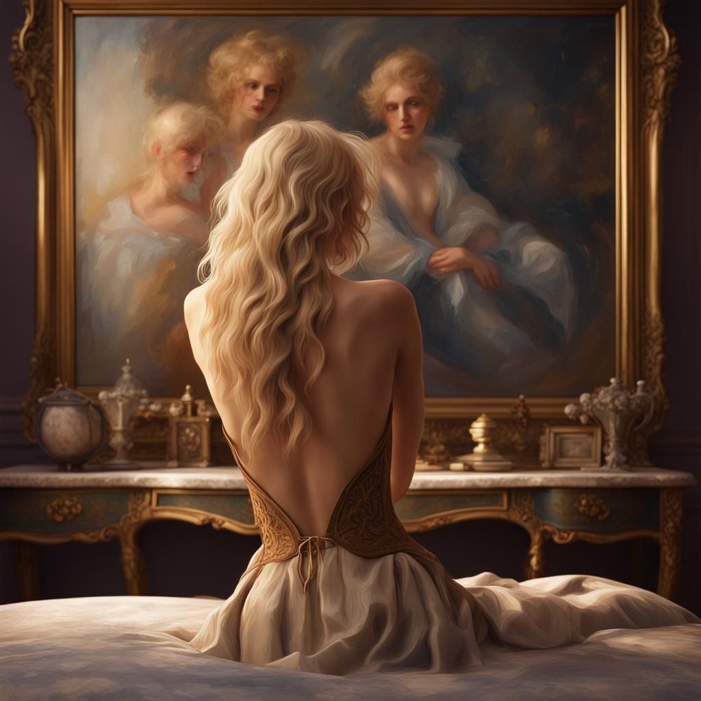 Blonde Model Undressing: Antique Oil Painting
