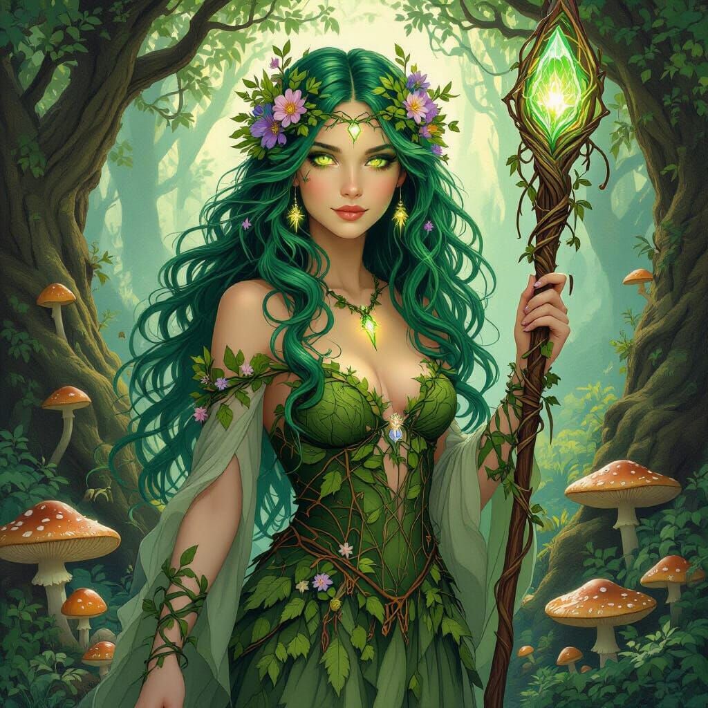A captivating portrait of a forest witch with long, flowing emerald green hair adorned with vines and wildflowers, her e...