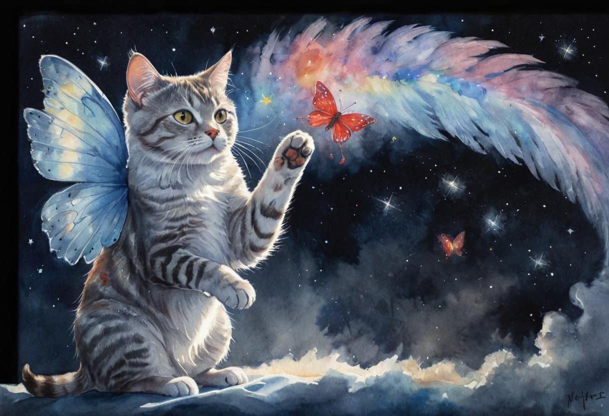 Winged Tabby Cat with Butterfly in Watercolor Art