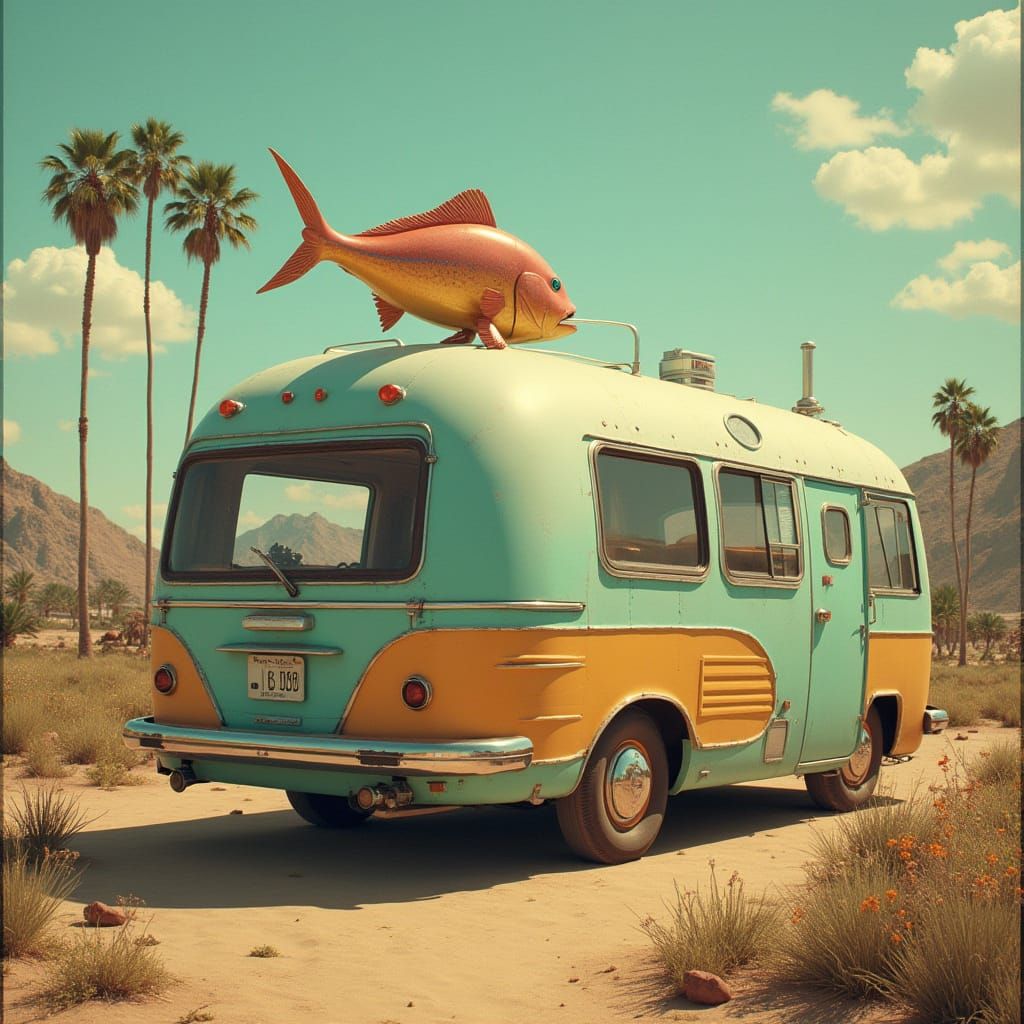 big fish camper in the style of 1950s kitsch retro futurism