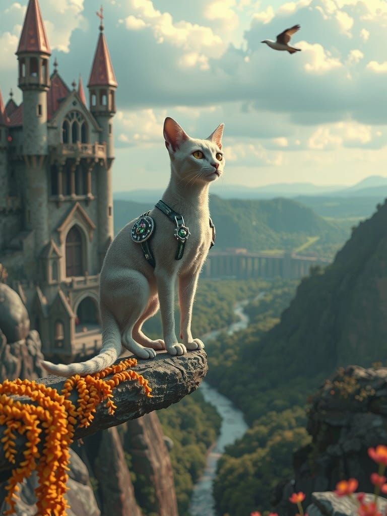 Majestic off-white cat with fox-like features and amber eyes...