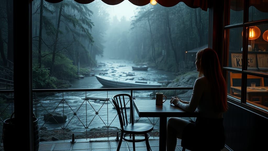 Rainy Cafe Scene Overlooking River in Moody Forest