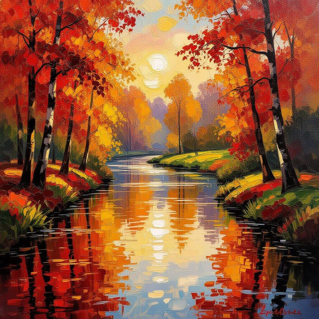 Autumn River Landscape in Impressionist Style