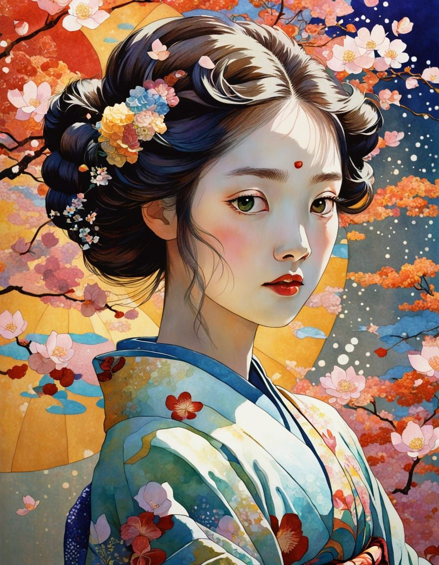 Vibrant Kimono Dreamscape in Mixed Media