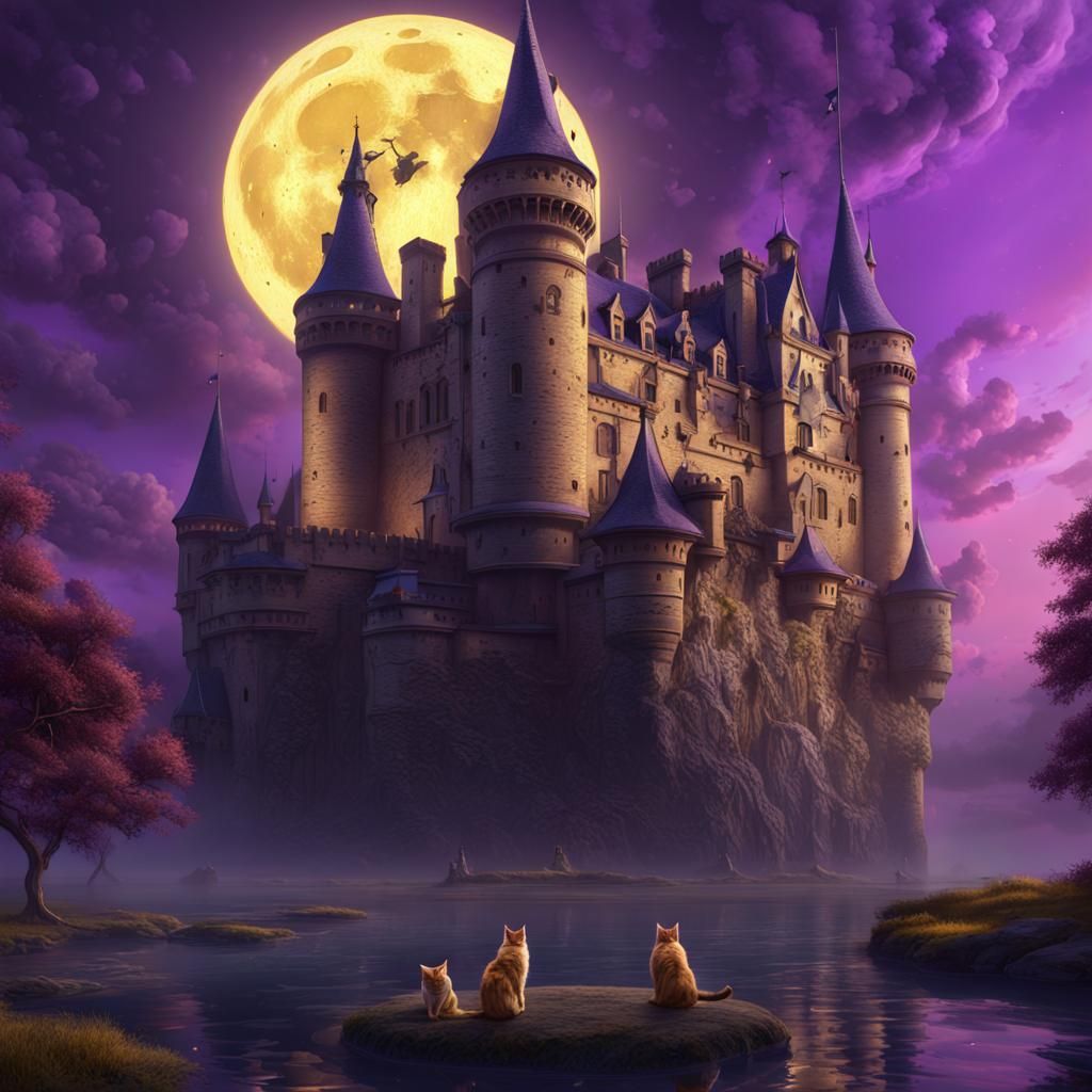 Cats in Lunar Castle: Dark Fantasy Concept Art