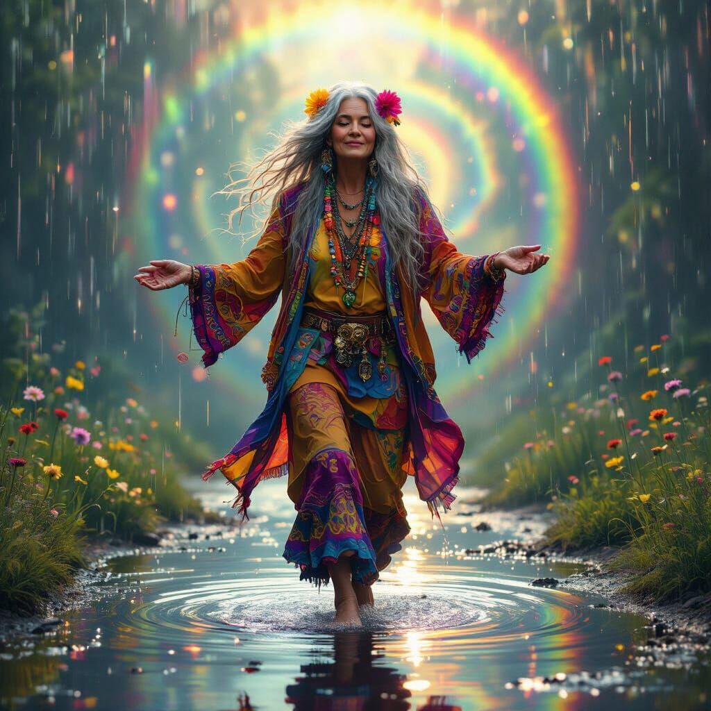 Elderly Hippy Dances in Rainbow Fractal Rain