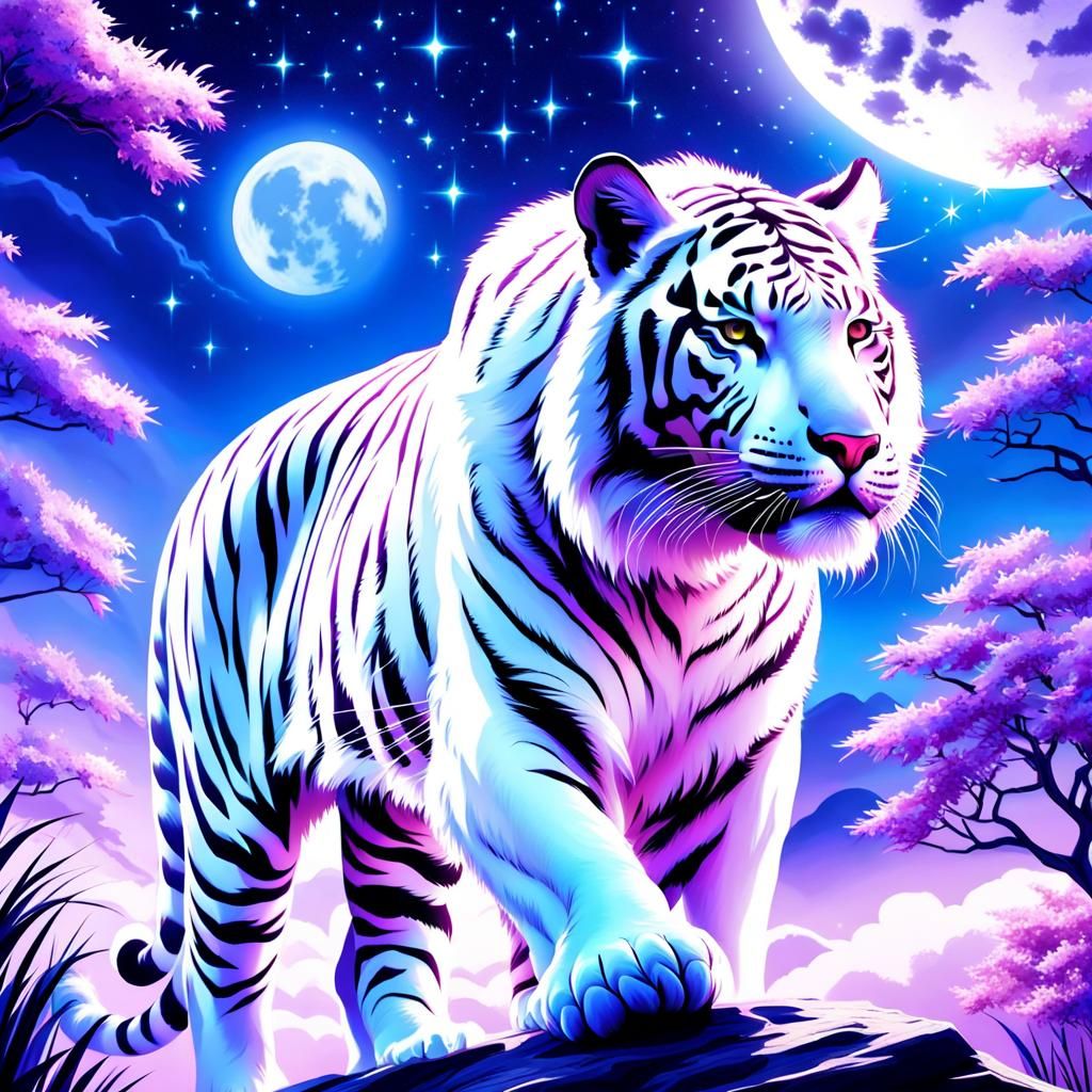 Fantasy White Tiger Under Starry Night Sky