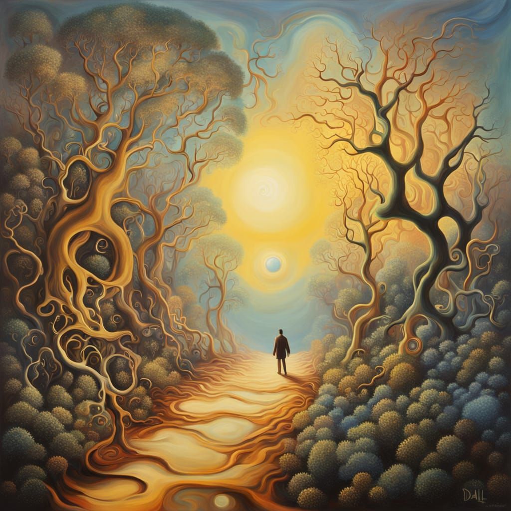 Ethereal Figure in Surreal Forest Sunrise