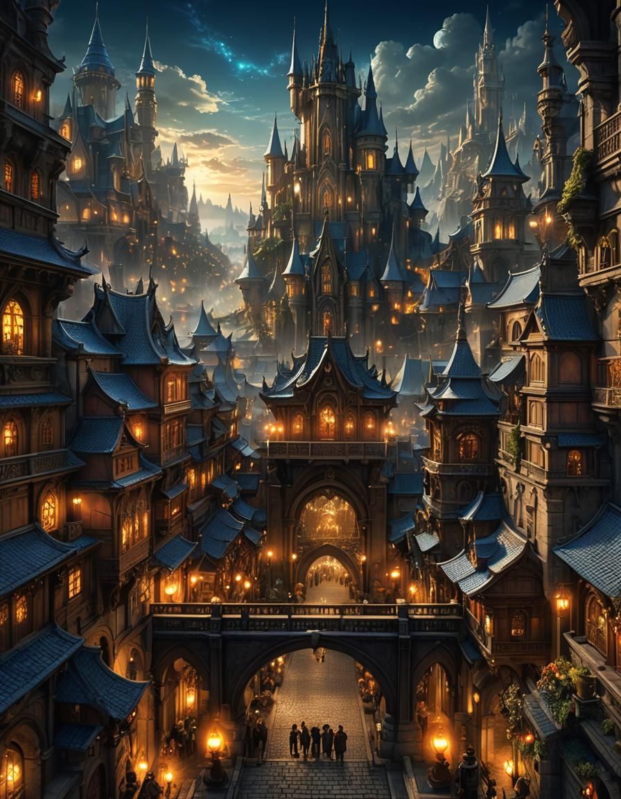 Fantasy City at Night in Anime Style