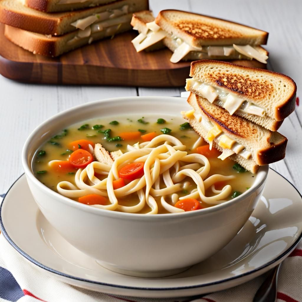 Chicken noodle soup with grilled cheese