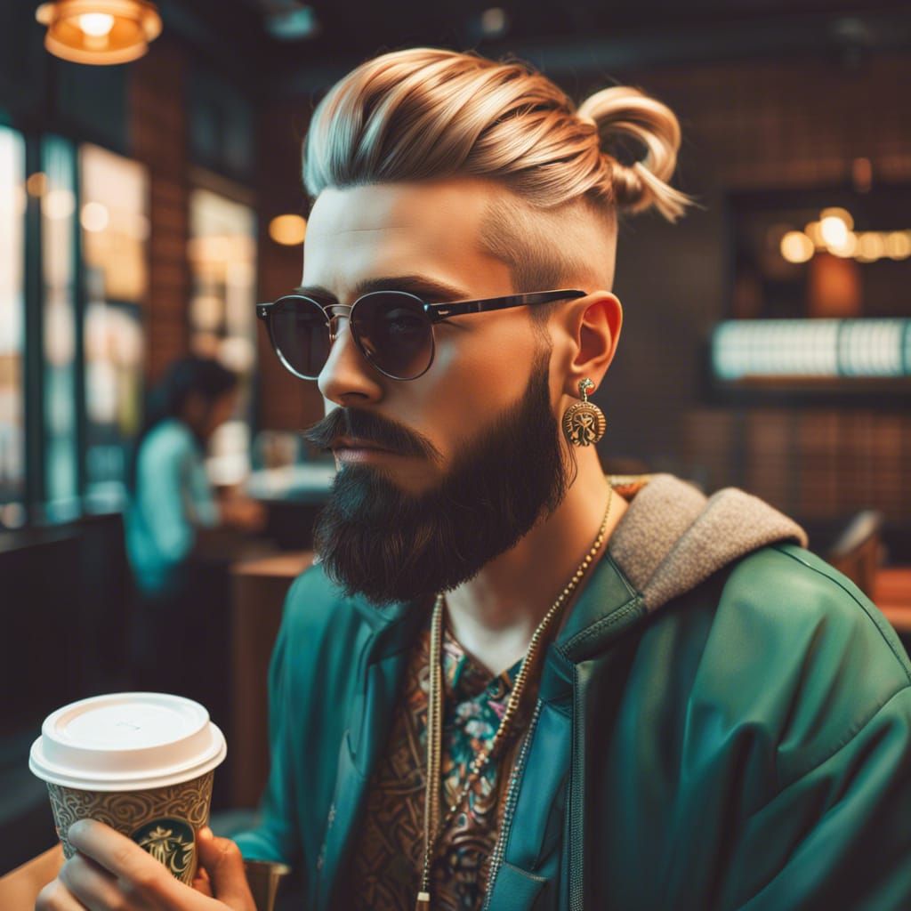 Hipster Man Portrait in Starbucks, Photorealistic Style