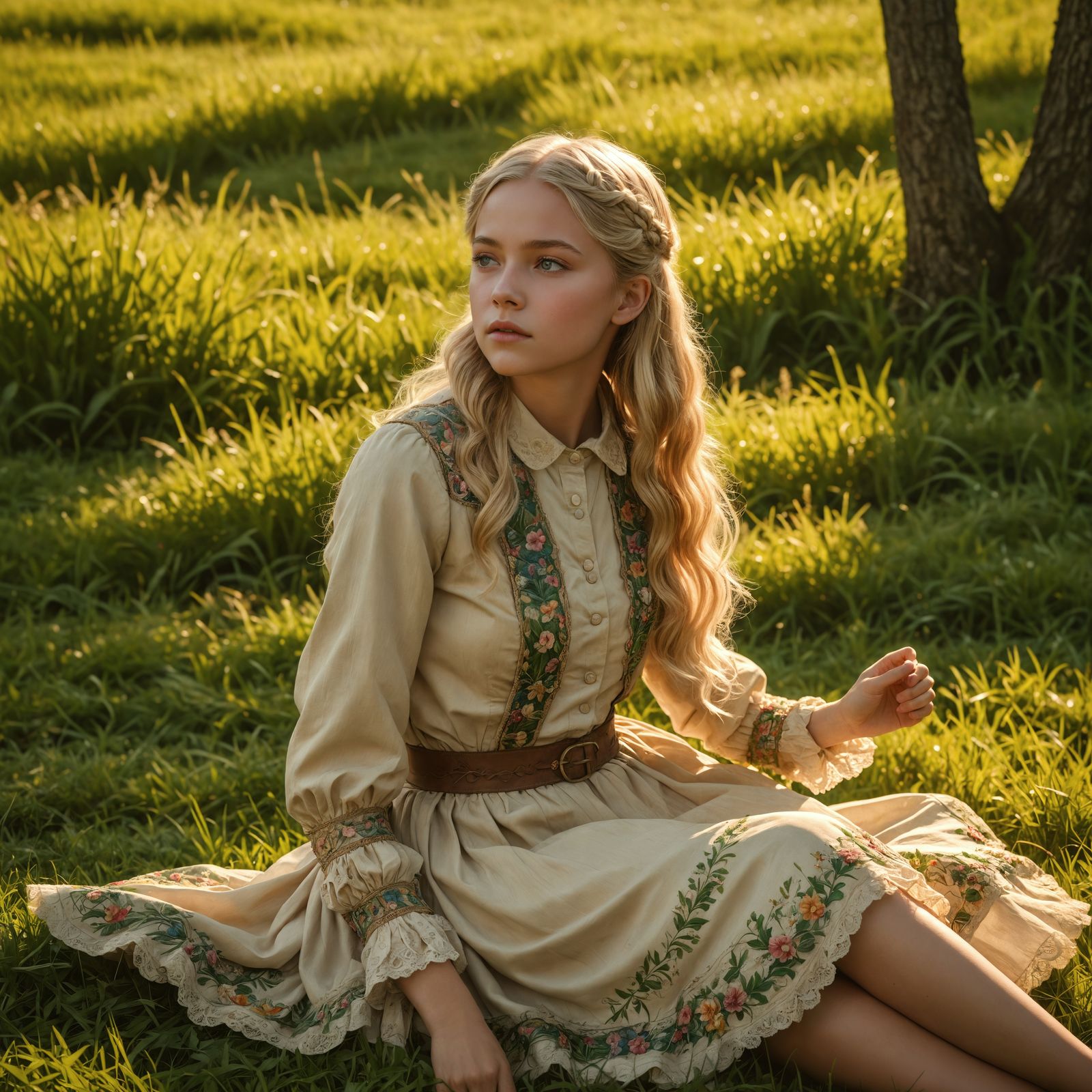 A young blonde girl sitting in the grass