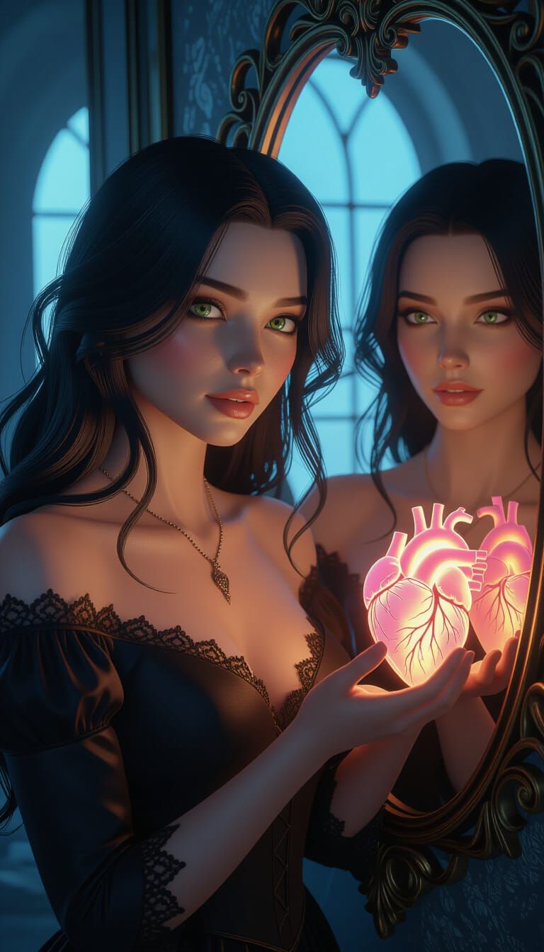 Melancholic Woman Holds Heart in Sad 3D Cinematic Style