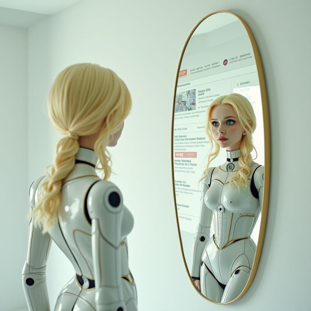 Siren Droid Contemplates the Future in a Futuristic White Ro...