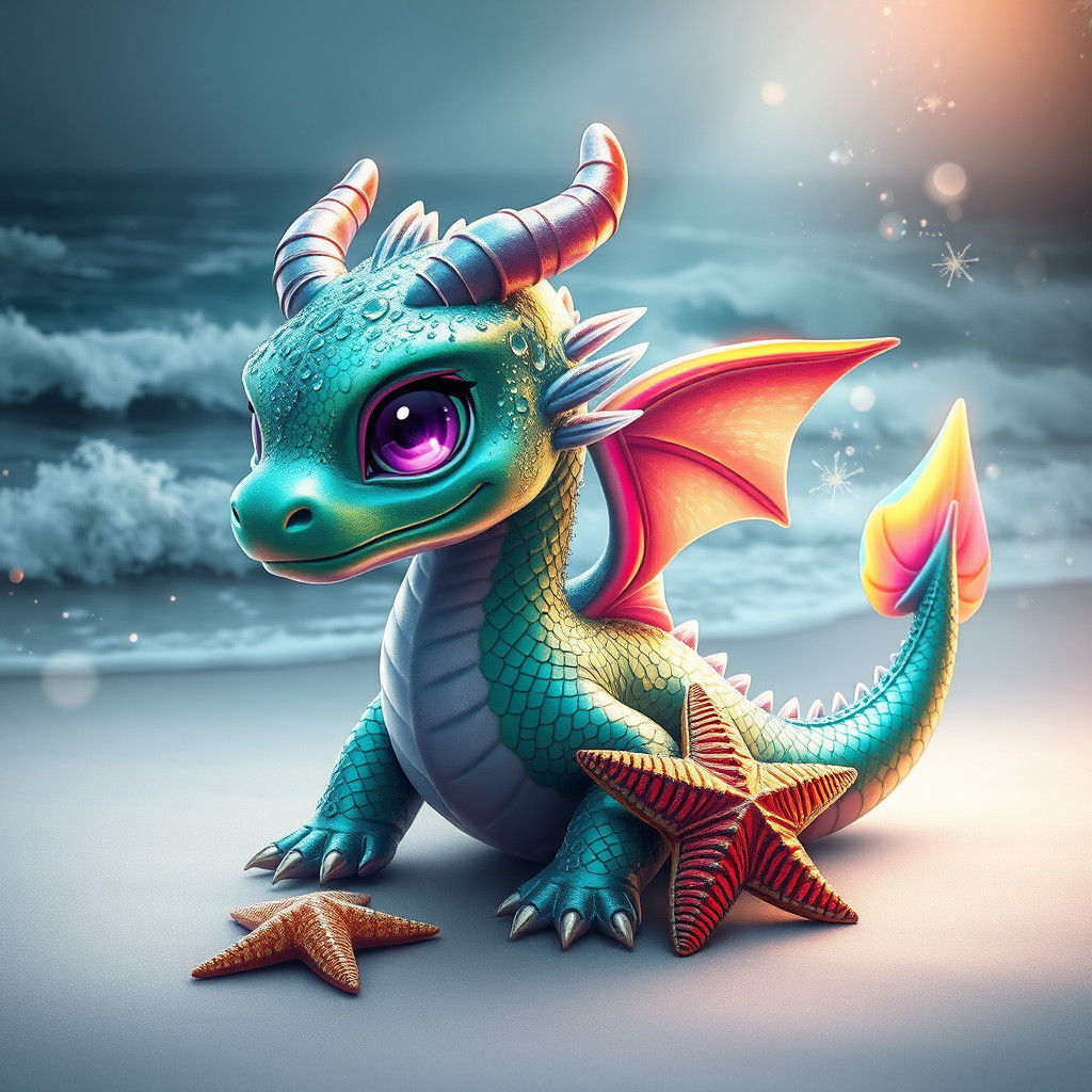 Iridescent Water Dragon on a Mystic Shore