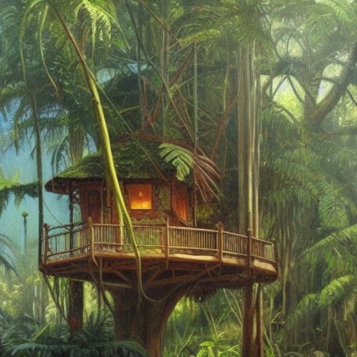 Treehouse in Jungle, Oil Painting