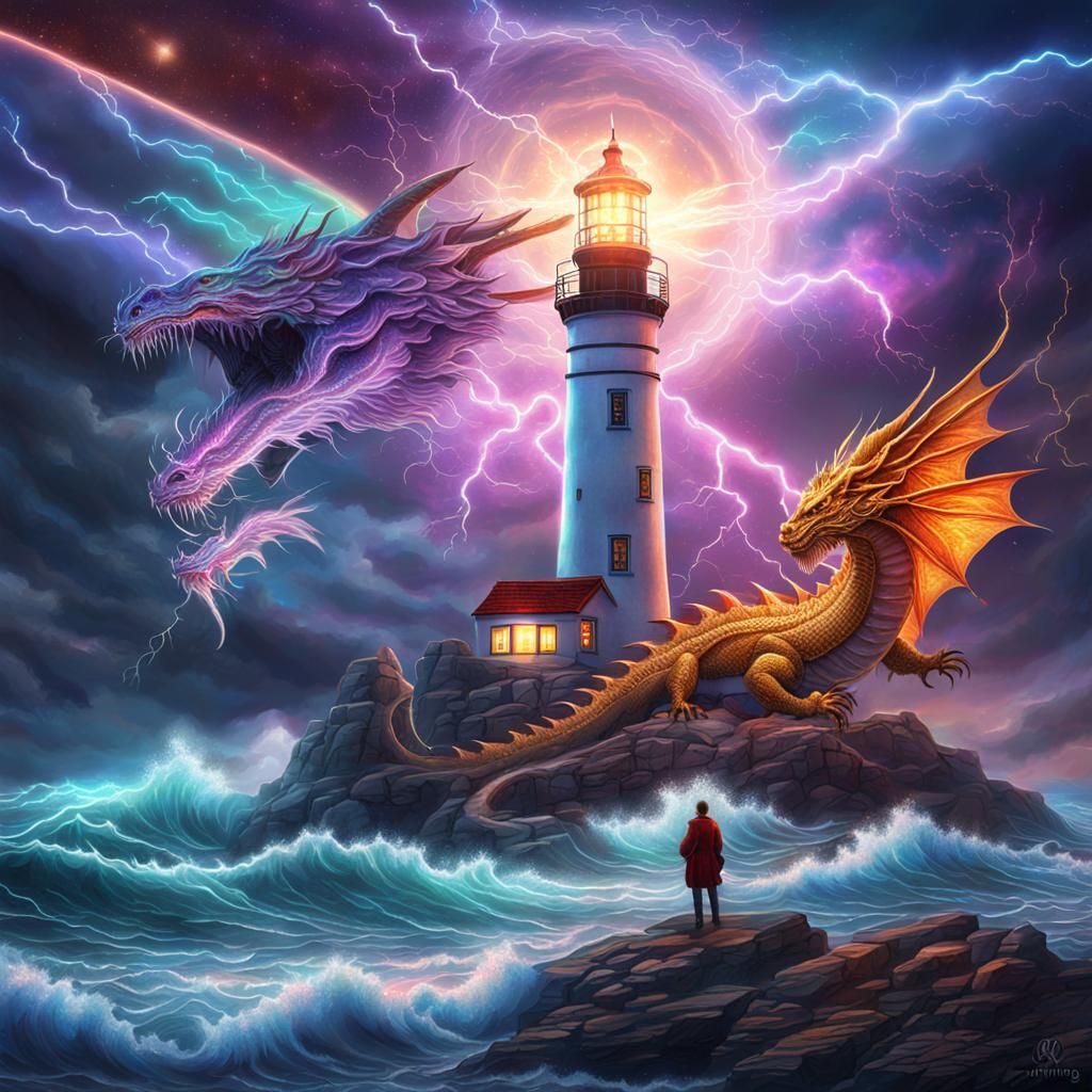 Dragon Guarding Lighthouse Under Lightning, Astral Illustrat...