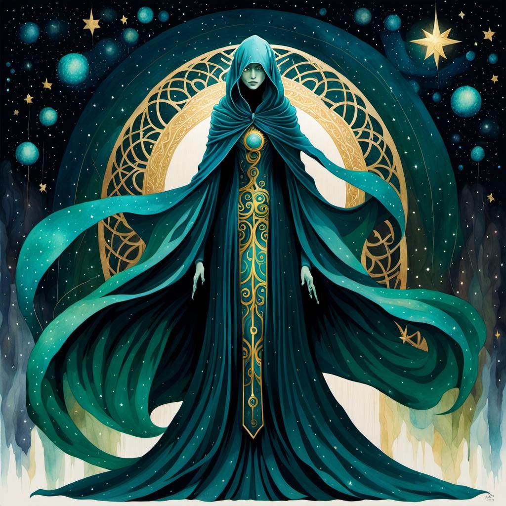 Cosmic Woman in Watercolor with Starry Cascade