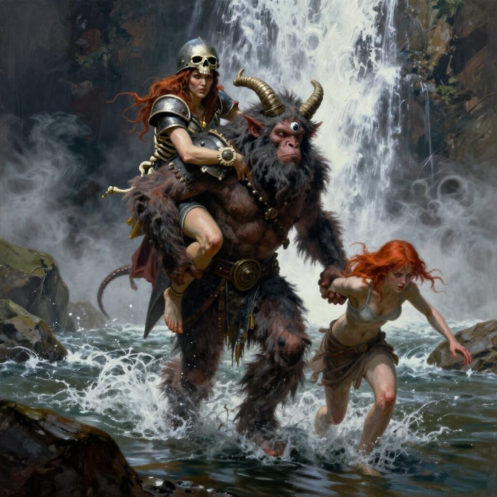 Cyclops-Satyr Pursues Warrior Woman in Bone Armor