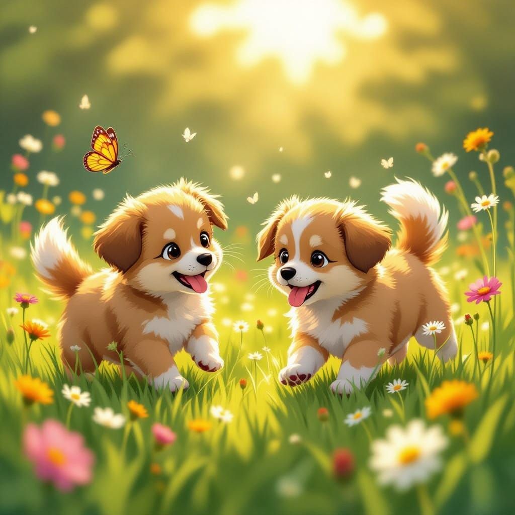 Adorable Puppies Play in Sunlit Meadow, Studio Ghibli Style